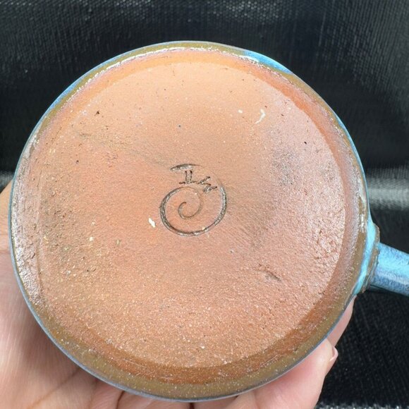 Hand Made Stoneware Pottery Coffee Mug Cup Heavy Blue Glaze Swirl Mug Signed - Picture 5 of 7